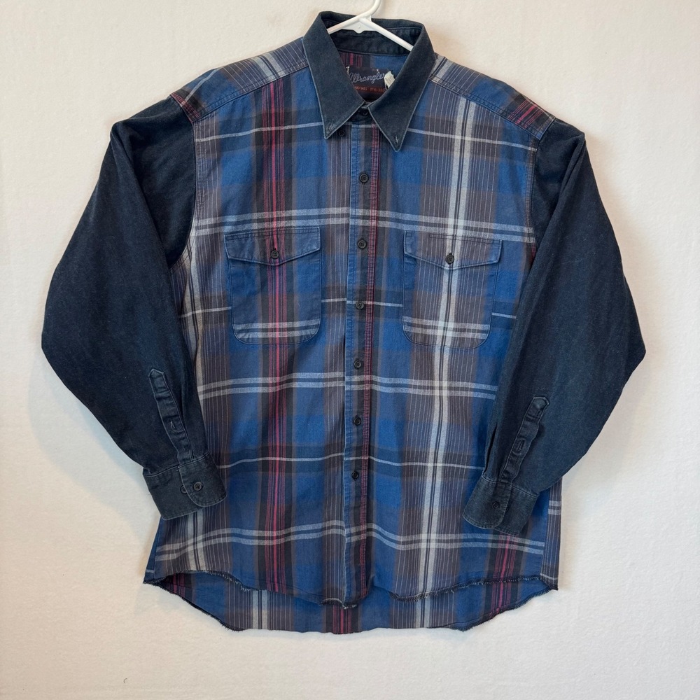 Vintage Wrangler Mens Plaid Denim Western Shirt Blue XL X-Long Tails